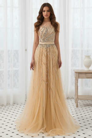 A-Line Sleeveless Round Beaded Decoration Floor-Length Prom Dress