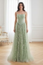 Bateau Spaghetti Straps A-Line Beaded Party Prom Dress