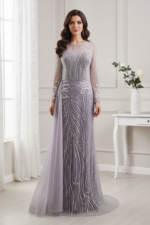 Classic Round Long Sleeves Beaded Mermaid Party Prom Dress