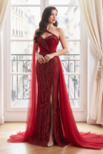 Elegant One Shoulder Mermaid Beaded Prom Dress With Slit And Train