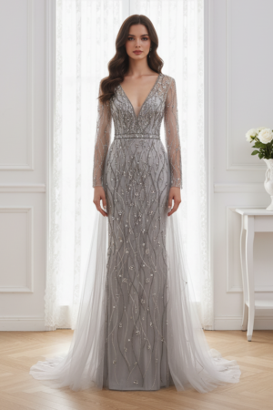 Elegant V-Neck Long Sleeves Empire Beaded Prom Dress With Train