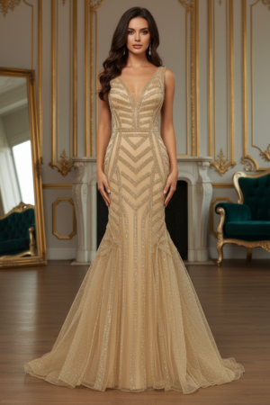 V-Neck Sleeveless Empire Beaded Mermaid Tulle Party Prom Dress