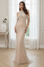 High Neck Off-Shoulder Sheer Back Beaded Tassels Long Prom Dress