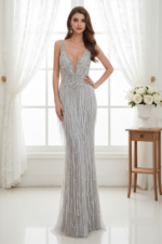 Low V-Neck Open Back Empire Beaded Tassels Floor-Leength Prom Dress