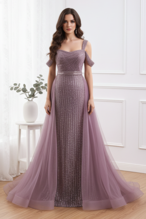 Omate Bateau Sleeveless Beaded Prom Dress With Tulle Train