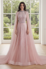 Pink High Neck Empire A-Line Party Prom Dress With Train