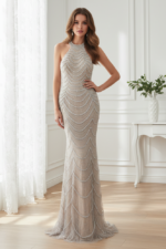 Round Halter Backless Beaded Decoration Mermaid Formal Prom Dress