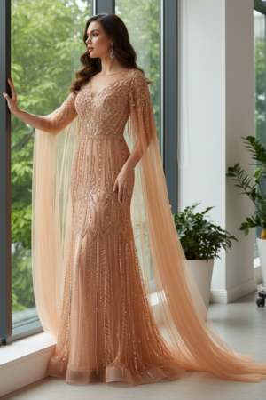 Round Long Sleeves Tulle Beaded A-Line Party Prom Dress