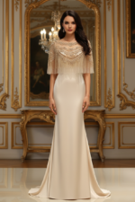 Satin Mermaid Scoop Sheer Beaded Cape Long Prom Dress