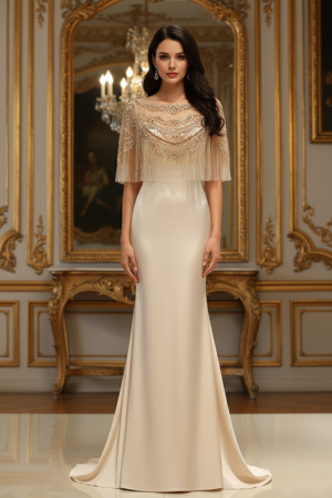 Satin Mermaid Scoop Sheer Beaded Cape Long Prom Dress