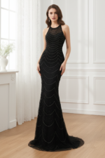 Sexy Black Bodycon High Neck Sleeveless Beaded Party Prom Dress