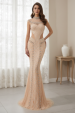 Sparkly Jewels Decoration High Neck Illusion Empire Formal Prom Gown